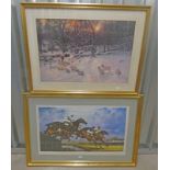 2 FRAMED PRINTS, 'AT THE RACES' INDISTINCTLY SIGNED, 108/500, 49 X 83 CM,