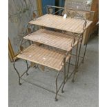 NEST OF 3 WROUGHT METAL & WICKER TABLES WITH 3/4 GALLERY TOPS