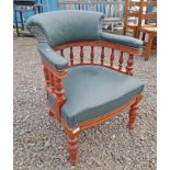19TH CENTURY STYLE MAHOGANY CAPTAINS CHAIR WITH GREEN LEATHER PADDED BACK & SEAT ON TURNED SUPPORTS