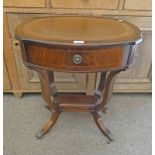INLAID MAHOGANY LAMP TABLE WITH LEATHER INSET TOP, SINGLE DRAWER & SHAPED TOP,