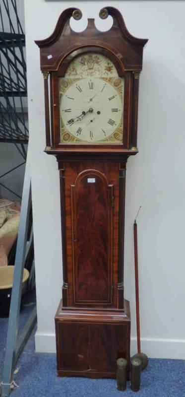 19TH CENTURY INLAID MAHOGANY LONGCASE CLOCK WITH REEDED COLUMNS & PAINTED DIAL WITH DECORATIVE