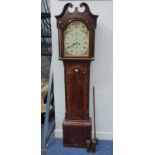 19TH CENTURY INLAID MAHOGANY LONGCASE CLOCK WITH REEDED COLUMNS & PAINTED DIAL WITH DECORATIVE