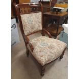 LATE 19TH CENTURY MAHOGANY FRAMED LADIES ARMCHAIR ON TURNED SUPPORTS