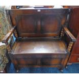 OAK MONKS BENCH WITH LIFT SEAT & BOBBIN DECORATION,