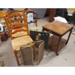 PAIR OF PINE LADDER BACK CHAIRS WITH RUSH SEATS, BRASS FRAMED PAINTED FIRE SCREEN,