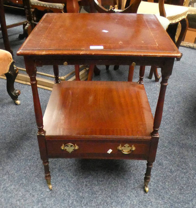 INLAID MAHOGANY LAMP TABLE WITH SLIDE AND SINGLE DRAWER ON TURNED SUPPORTS.