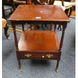 INLAID MAHOGANY LAMP TABLE WITH SLIDE AND SINGLE DRAWER ON TURNED SUPPORTS.