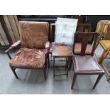 MAHOGANY FRAMED PARKER KNOLL ARMCHAIR, OAK OCCASIONAL TABLE ON BARLEY TWIST SUPPORTS,