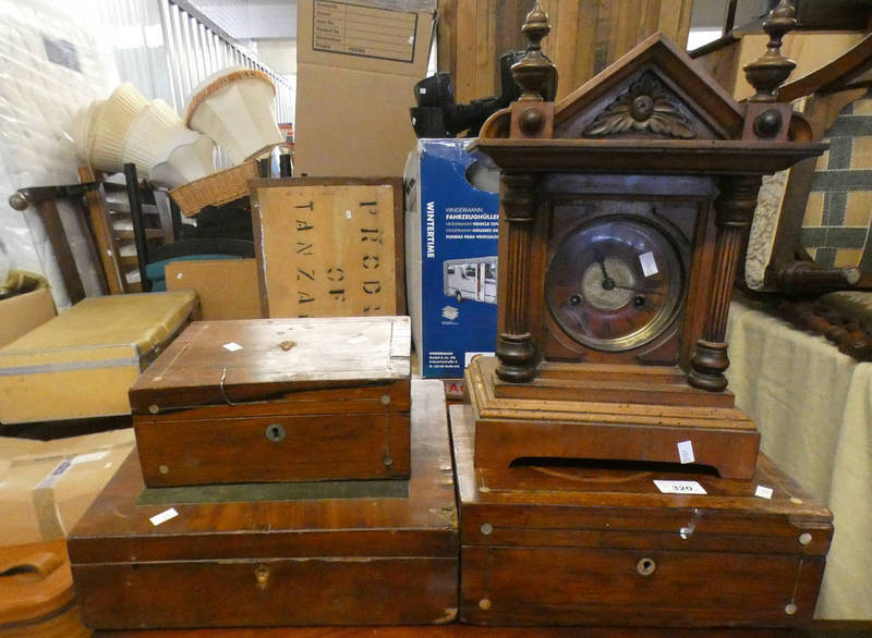 ROSEWOOD BOX WITH MOTHER OF PEARL INLAY, MAHOGANY MANTLE CLOCK WITH METAL DIAL ETC.