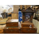 ROSEWOOD BOX WITH MOTHER OF PEARL INLAY, MAHOGANY MANTLE CLOCK WITH METAL DIAL ETC.