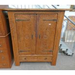 ARTS & CRAFTS CRITTER STYLE OAK CUPBOARD WITH WROUGHT IRON HINGES, ZODIAC STYLE CARVED PANELS,