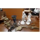 PAIR OF BRASS FIRE DOGS, 3 BRASS FIRE IRONS, 2 RESIN TABLE LAMPS WITH FIGURE DECORATION,