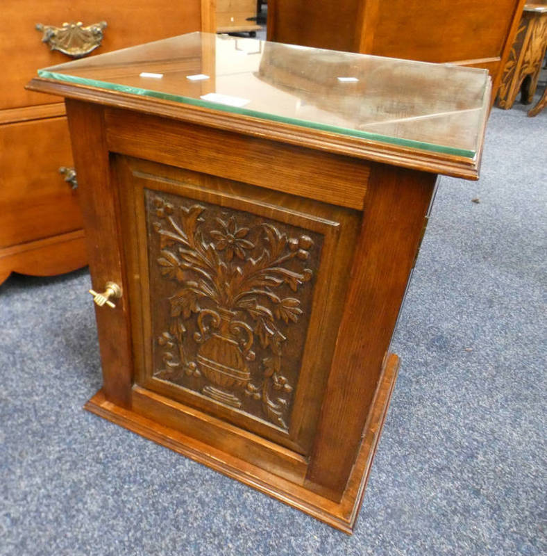 LATE 19TH CENTURY MAHOGANY CABINET WITH 1 DRAWER FITTED INTERIOR BEHIND DECORATIVE CARVED PANEL