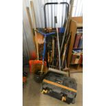 LARGE SELECTION OF GARDEN TOOLS TO INCLUDE PITCH FORKS, SHOVELS,