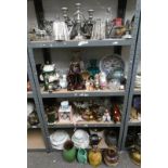 SELECTION OF SILVER PLATED WARE, CUT GLASS DECANTERS, SILVER PLATED CAKESTAND, POTTERY JUGS,