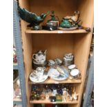 2 SHELVES OF ORIENTAL TEASETS, BLUE MOUNTAIN POTTERY, SHIP IN BOTTLE, GLASSWARE, BELLS,