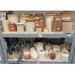 LARGE SELECTION OF STONEWARE JARS, HOT WATER BOTTLES, GLASS BOTTLES,