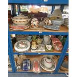 3 SHELVES OF PORCELAIN INCLUDING 19TH CENTURY PLATES, MASONS WARE, MALING,