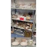 5 SHELVES OF GLASSWARE, METAL WARE, ORNAMENTS, DINNERWARE, HIGHLAND STONEWARE,