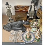 LAUREL & HARDY PORCELAIN FIGURES, LACQUER EXPANDING BOX,