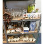 3 SHELVES OF GLASSWARE, CUCKOO CLOCK, SUTHERLAND CHINA TEASET, CASED BOULES,