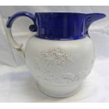 19TH CENTURY STONEWARE JUG WITH BLUE GLAZED RIM & HUNTING SCENE DECORATION - 19CM TALL