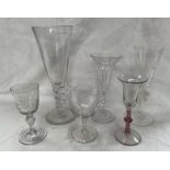 6 19TH CENTURY GLASSES, 1 WITH FOLDED FOOT & 1 WITH RED GLASS DECORATION,