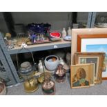 VARIOUS POTTERY BOWLS, PAIR OF COPPER LAMPS, BRASS TILLEY LAMP, VARIOUS PICTURES,