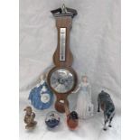 2 ROYAL DOULTON FIGURES, BESWICK HORSE, WEDGWOOD GLASS BIRD, MAHOGANY INLAID ANEROID BAROMETER,