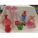 LATE 19TH CENTURY CRANBERRY GLASSES, VASE, BOWL, CLARET JUG,