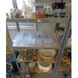 VARIOUS CUT GLASSWARE, BRASS WARE INCLUDING TRIVET,CANDLESTICKS, ETC, PORCELAIN & GLASS,
