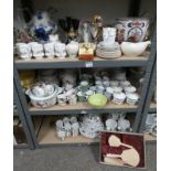 VARIOUS BLUE & WHITE WARE, ROYAL STANDARD TEAWARE, DOULTON, ARTS & CRAFTS PLATES, BRUSH SET, ETC,