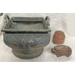 CHINESE BRONZE BOWL WITH 2 HANDLES, HEIGHT INCLUDING HANDLE 26CM,