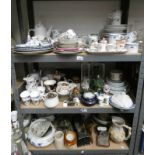 VARIOUS PORCELAIN INCLUDING DRESDEN TEAWARE, PIN CUSHION LADY, LACQUER BOX,