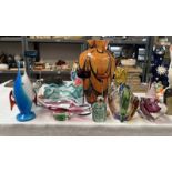 SELECTION OF VARIOUS COLOURED ART GLASS INCLUDING VASES, BOWLS, GLASSES AND OTHERS .