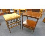 INLAID MAHOGANY LAMP TABLE WITH SLIDE AND SINGLE DRAWER ON TURNED SUPPORTS AND MAHOGANY STOOL ON