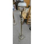 BRASS PARAFFIN STANDARD LAMP WITH CUT GLASS SHADE ON CIRCULAR BASE WITH PAW FEET