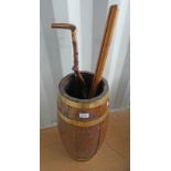 OAK BARREL STICK STAND WITH BRASS COOPERING 63 CM TALL HORN HANDLED WALKING STICK ETC