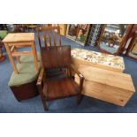 OAK OPEN ARMCHAIR WITH LEATHER PANEL BACK & SEAT,