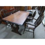 OAK REFECTORY STYLE TABLE AND SET OF 4 WHEEL BACK CHAIRS INCLUDING 2 ARMCHAIRS.