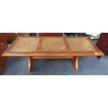 G-PLAN TEAK RECTANGULAR COFFEE TABLE WITH COPPER INSET TOP.