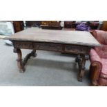 18TH CENTURY STYLE MAHOGANY KITCHEN TABLE WITH DECORATIVE CARVED BORDER AND 3 DRAWERS ON DECORATIVE