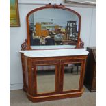 19TH CENTURY WALNUT MIRROR BACK CREDENZA WITH MARBLE TOP AND 2 MIRROR PANEL DOORS ON PLINTH BASE.