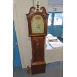 19TH CENTURY INLAID OAK GRANDFATHER CLOCK WITH PAINTED DIAL SIGNED T BARCLAY,