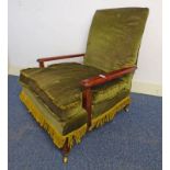 LATE 19TH CENTURY INLAID MAHOGANY FRAMED OVERSTUFFED ARMCHAIR ON SQUARE TAPERED SUPPORTS STAMPED