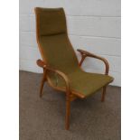 TEAK LAMINO OPEN ARMCHAIR STAMPED SWEDESE YNGVE EKSTROM JAN 64 TO BASE Condition Report: