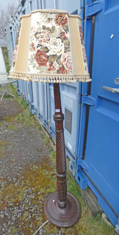 MAHOGANY STANDARD LAMP WITH DECORATIVE COLUMN ON CIRCULAR BASE