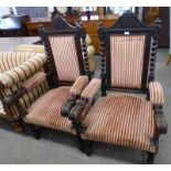 PAIR OF LATE 19TH CENTURY OAK ARMCHAIRS WITH CARVED & BARLEY TWIST DECORATION