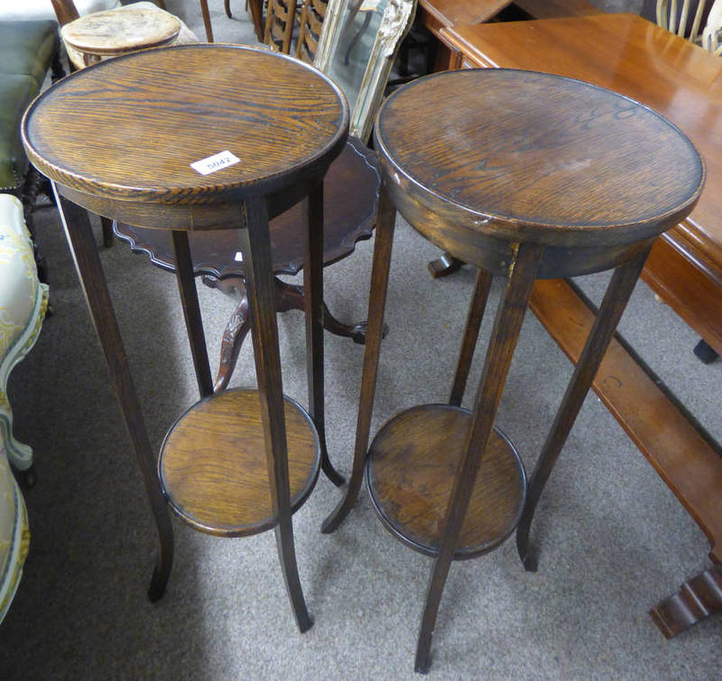 PAIR OF OAK POT STANDS WITH CIRCULAR TOPS & UNDERSHELF,