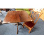 19TH CENTURY MAHOGANY FLIP TOP PEDESTAL TABLE ON 3 SPREADING SUPPORTS & OAK CHAR ON SQUARE SUPPORTS